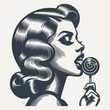 Retro girl licking candy. Vintage woodcut engraving style vector illustration.