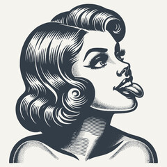 Wall Mural - Playful Retro girl showing here tongue. Vintage woodcut engraving style vector illustration.