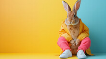 Cute Funny Bunny Sitting On Color Background, Space For Text. Cool Easter Holiday Concept With Copy Space For Advertisement