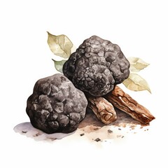 Wall Mural - Watercolor-Style Black edible winter truffle with White Background