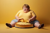 Fototapeta Sport - Fat woman sitting on the floor and eating cake. Over yellow background. Child with obesity. Overweight and obesity concept. Obesity Concept with Copy Space.