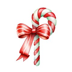 Wall Mural - Watercolor-Style Christmas candy cane with ribbon with White Background