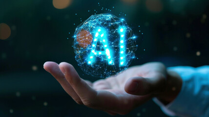 Wall Mural - futuristic ai technology on human hand, artificial intelligence digital tool on abstract dark backgr