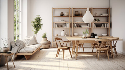 Wall Mural - Home interior with wooden furniture, minimalist living room with white walls. Light wood design and rustic decor. Concept of Scandinavian style, cozy house.