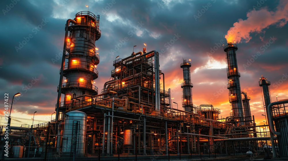 Factory in lights at sunset, scenery of oil and gas refinery plant or ...