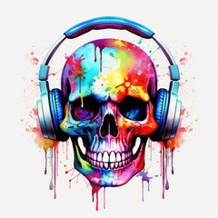 Wall Mural - Watercolor-Style colorful scull in headphones with White Background