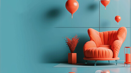 Sticker -  an orange chair sitting in front of a blue wall next to a vase with a plant and some red balloons.