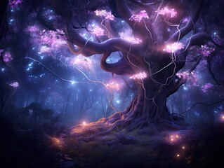 Wall Mural - Mystical forest with a magical glowing purple tree standing tall and fireflies swirling