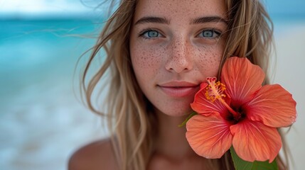 Sticker -  a woman with freckled hair holding a flower in front of her face with a blue ocean in the background.