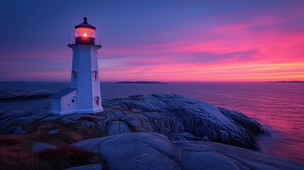 Sticker -  a light house sitting on top of a large rock next to a body of water with a sunset in the background.