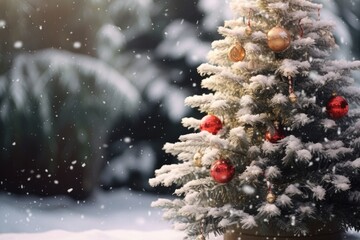 Wall Mural - A charming image of a small Christmas tree adorned with ornaments in a snowy setting. Perfect for holiday-themed designs and festive decorations