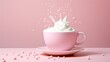  a pink cup filled with whipped cream sitting on top of a saucer on top of a pink tablecloth.