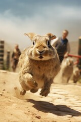 Wall Mural - A rabbit running on a dirt road with people in the background. Suitable for nature, wildlife, and outdoor-themed projects