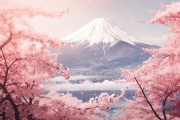 Poster - A stunning view of a mountain covered in glistening white snow, adorned with delicate pink flowers. Perfect for nature enthusiasts and those seeking a serene and picturesque landscape.