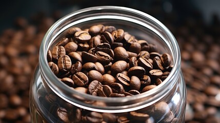 Canvas Print - A glass jar filled with an abundance of coffee beans. Perfect for coffee lovers and cafes