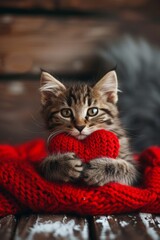 Wall Mural - Cute kitten holding a red knitted heart in his hands