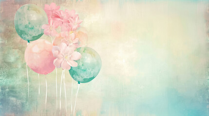 Sticker -  a painting of a bunch of balloons with pink and green flowers on a blue, green, and pink background.