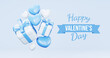 Valentine's Day interior, balloons. Stand, podium, blue background with product display and Heart. Love greeting card, poster with blue gift boxes, presents - 3d rendering