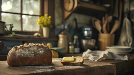 Poster -  a loaf of bread sitting on top of a wooden table next to a slice of bread on top of a cutting board.