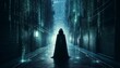 a person in a black cloak and hoodedie walking down a hallway