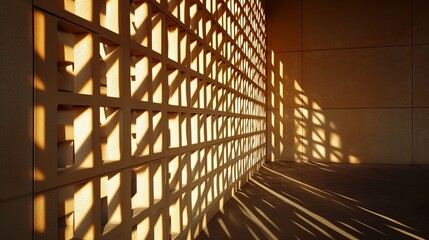 Fototapete - A symmetrical building with amber lighting casts shadows on a wall adorned with numerous squares, creating a mesmerizing play of light and shadow