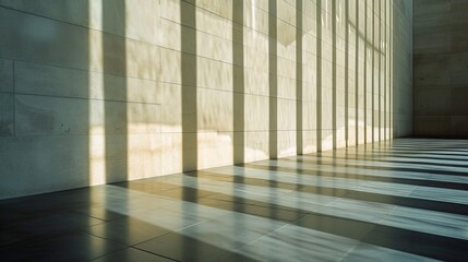 Leinwandbilder - A striking display of symmetrical lines and shadows, the composite material wall creates a captivating contrast against the parallel beams of light on the indoor floor