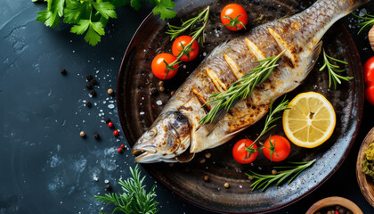 Wall Mural - grilled fish with lemon and herbs