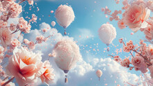  A Group Of Hot Air Balloons Flying Through A Blue Sky Filled With White Clouds And Pink Flowers In The Foreground.