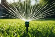 © ArtisticLens - Automatic lawn sprinkler watering green grass Sprinkler with automatic system Garden irrigation syst