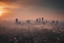 Air Pollution Smog And Fine Dust Of Pm2 5 Covered City In The Morning With Orange Sunrise Sky Citysc