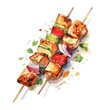 Watercolor-Style meat and vegetable kebab skewer Illustration with White Background.