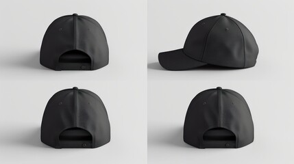 Wall Mural - Black baseball cap in four different angles views. Mock up