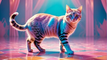 Wall Mural - A cat with multicolored eyes in neon light