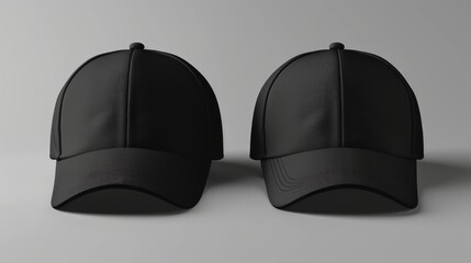 Wall Mural - Black baseball caps mockup on a grey background, front and back side