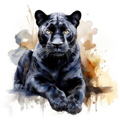 Wall Mural - Watercolor-Style sitting black panther with White Background