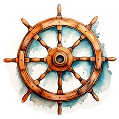 Wall Mural - Watercolor-Style the ship's steering wheel with White Background