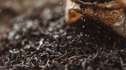 Close up of a wet bag of black tea