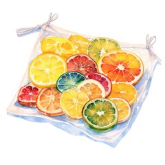 Wall Mural - Watercolor-Style Various Fruit Slices In Saline Bag Dip with White Background