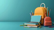 Different Elements For Study. 3d Realistic Laptop, Backpack With Books And Pencils. Kit For Education Concept. Colorful Vector Illustration With Place For Text