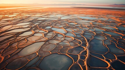 Wall Mural - Aerial view of salt flats creating abstract patterns under the sun
