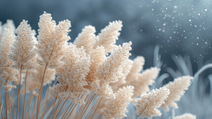 Poster -  a close up of a bunch of flowers with snow falling off of the top of the flowers and on the bottom of the stems.