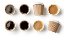 Set Of Paper Take Away Cups Of Different Black Coffee Isolated On White Background, Top View