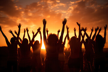 Silhouettes of many women with their hands raised up at sunset. Women's unity concept. Generated by artificial intelligence