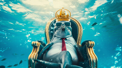 Canvas Print - dolphin wearing tie with crown and sunglasses sitting on a throne in the sea. Generative Ai