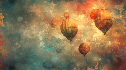 Sticker -  a painting of three hot air balloons flying in the sky over a cloud filled blue, orange and yellow sky.