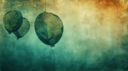 Wall Mural -  a painting of two air balloons with leaves attached to each of them, against a green, yellow, and orange background.