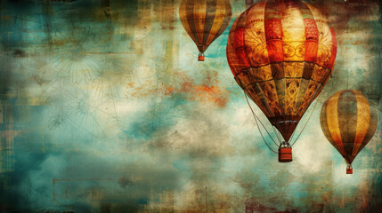 Wall Mural -  a painting of three hot air balloons flying in the sky with a cloudy sky in the background and a few clouds in the foreground.