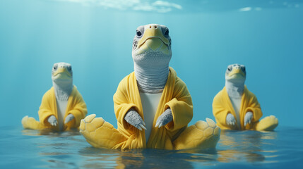 Funny turtle team group dressed in colorful yoga style sitting in the sand