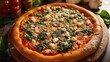 spinach and feta pizza with a golden crust, tangy tomato sauce, creamy feta cheese, tender spinach leaves, and a dusting of grated Parmesan