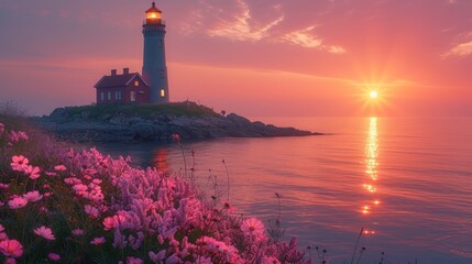 Wall Mural -  a light house sitting on top of a cliff next to a body of water with pink flowers in front of it.